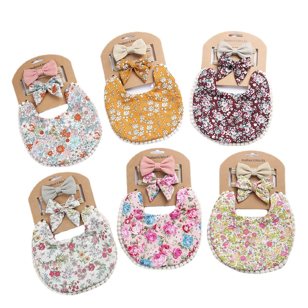 

cute floral sustainable and washable baby cotton bibs newborn baby bow bib set, Picture shows