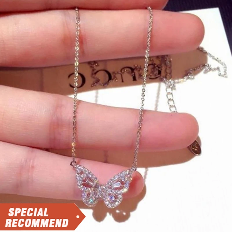 

2021 New Jewelry Women Elegant Gold Silver Plating Stainless Steel Butterfly Necklace Crystal Rhinestone Butterfly Necklace
