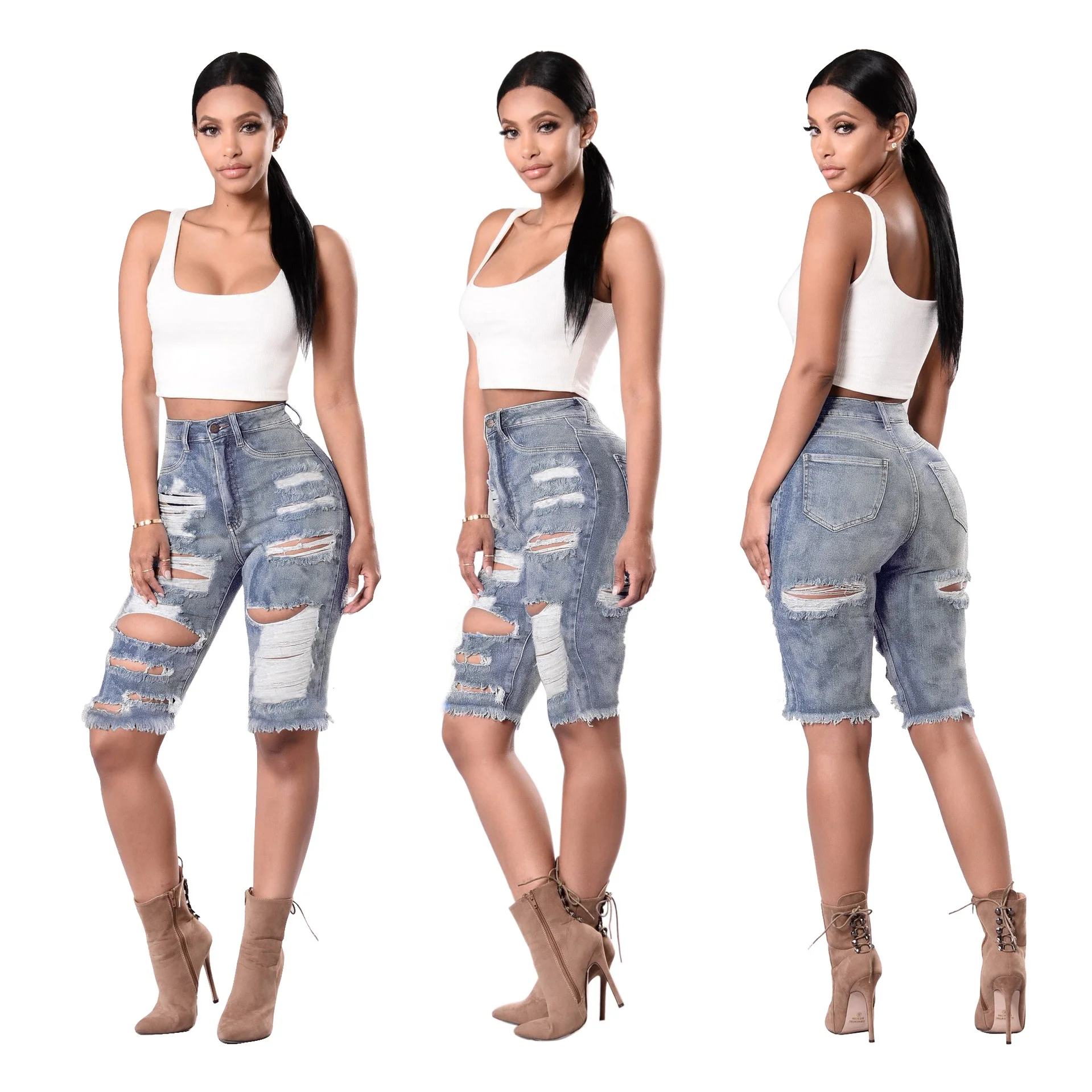 

MT12-2067 Small Order Womens High Waist Ripped Washed Blue Denim Destroyed Skinny Bermuda Shorts Jeans