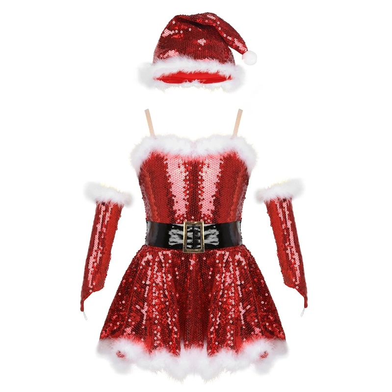 

Kids Girls Christmas Sequins Dress Children Santa Costume Outfit Ice Skating Ballet Dance Leotard Christmas Dress