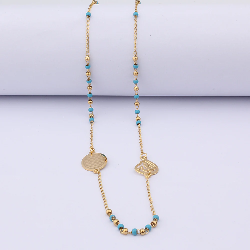 

Gold Plated Rosary Stainless Steel Religious Islam Pendant Enamel Blue Beads Necklace Unisex