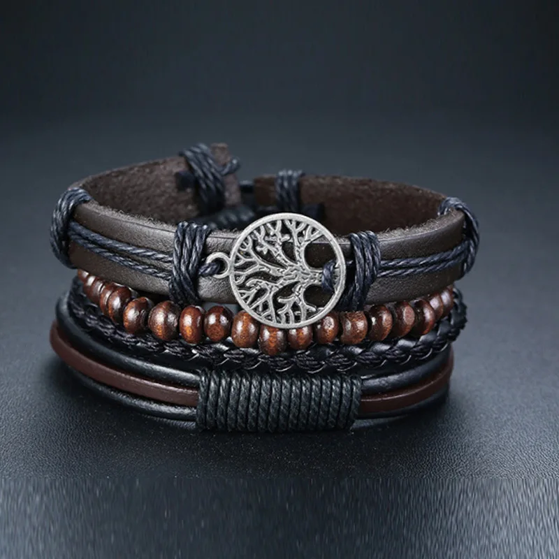 

HOVANCI Men Vintage 4Pcs/ Set Braided Wrap Leather Bracelets Wristbands Wood Beads Life Of Tree Charm Bracelet For Girls