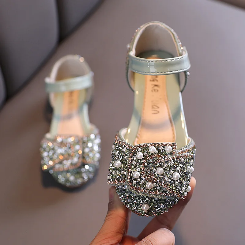 

2021 girls single shoes spring and autumn new pearl rhinestone bows small children's dance shoes performance shoes for girl, 3 colors