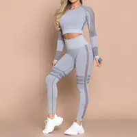 

New Style Seamless Fitness 2pc Outfits Women Mesh Breathable Yoga Crop Top Sports Pants Yoga Sets