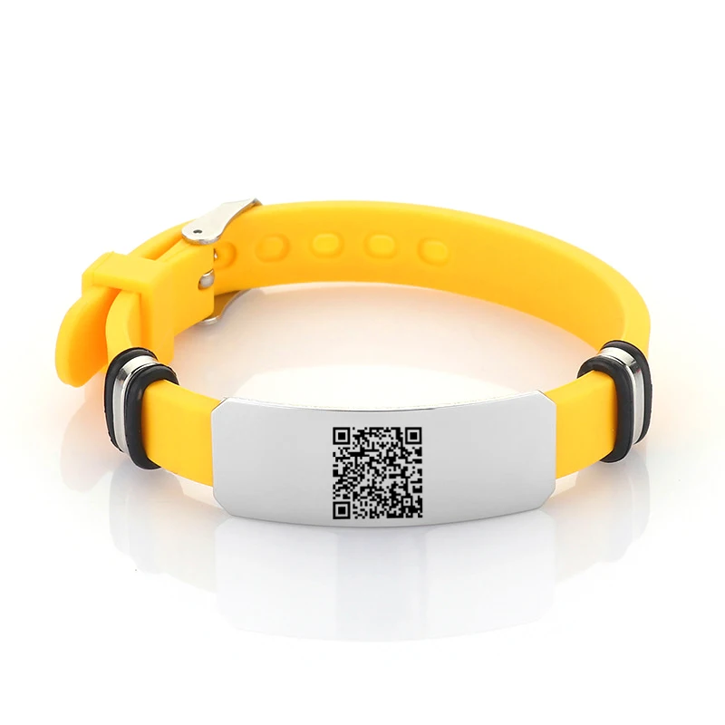 

Silicone Stainless Steel Plates ID Engraved Custom Bracelets QR Code, Red, yellow, blue, green, black, etc