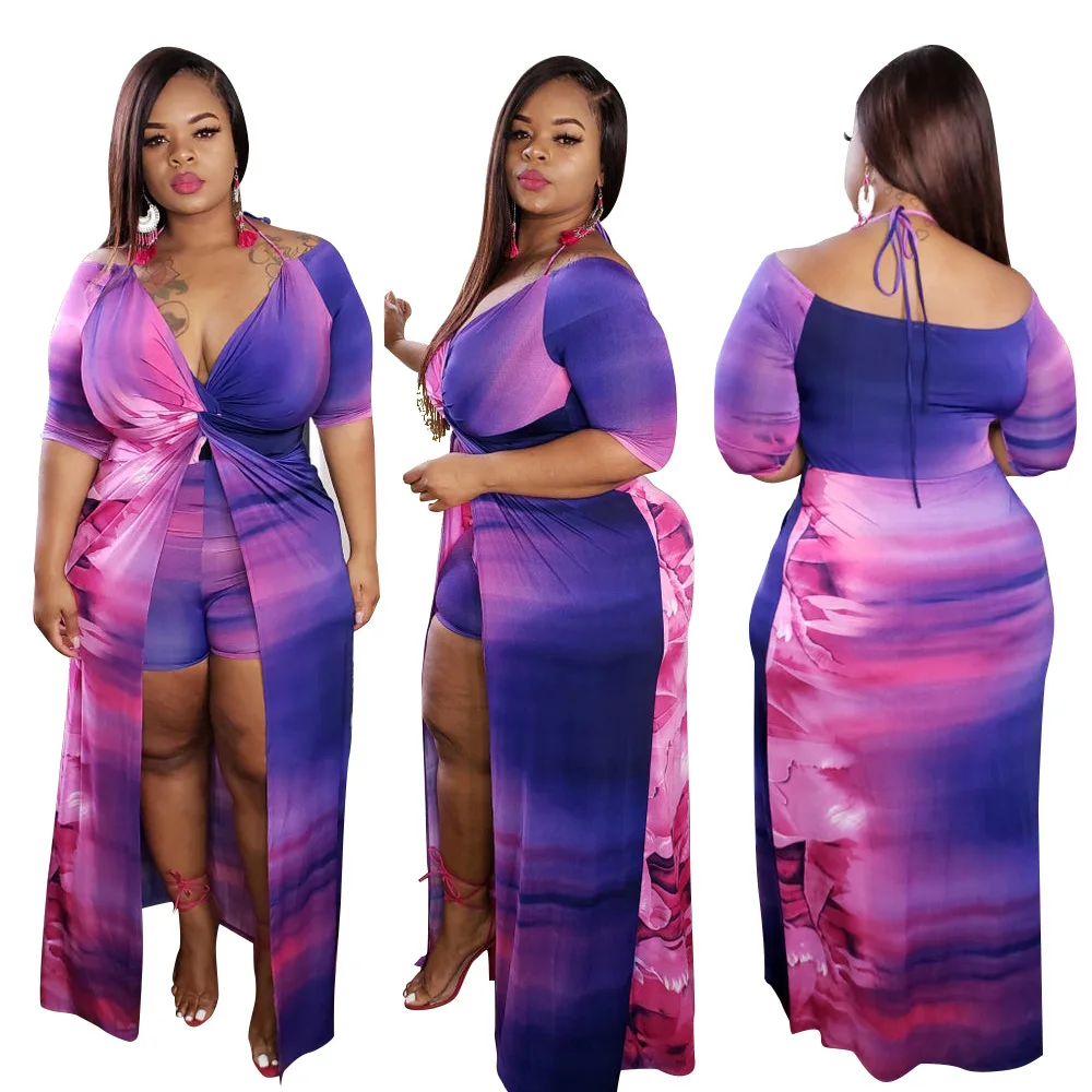 

Wholesale Casual Long Sleeve Purple Dresses and Shorts 2 Piece Set Ladies 5XL Plus Size Dress ORYF1303, As pic