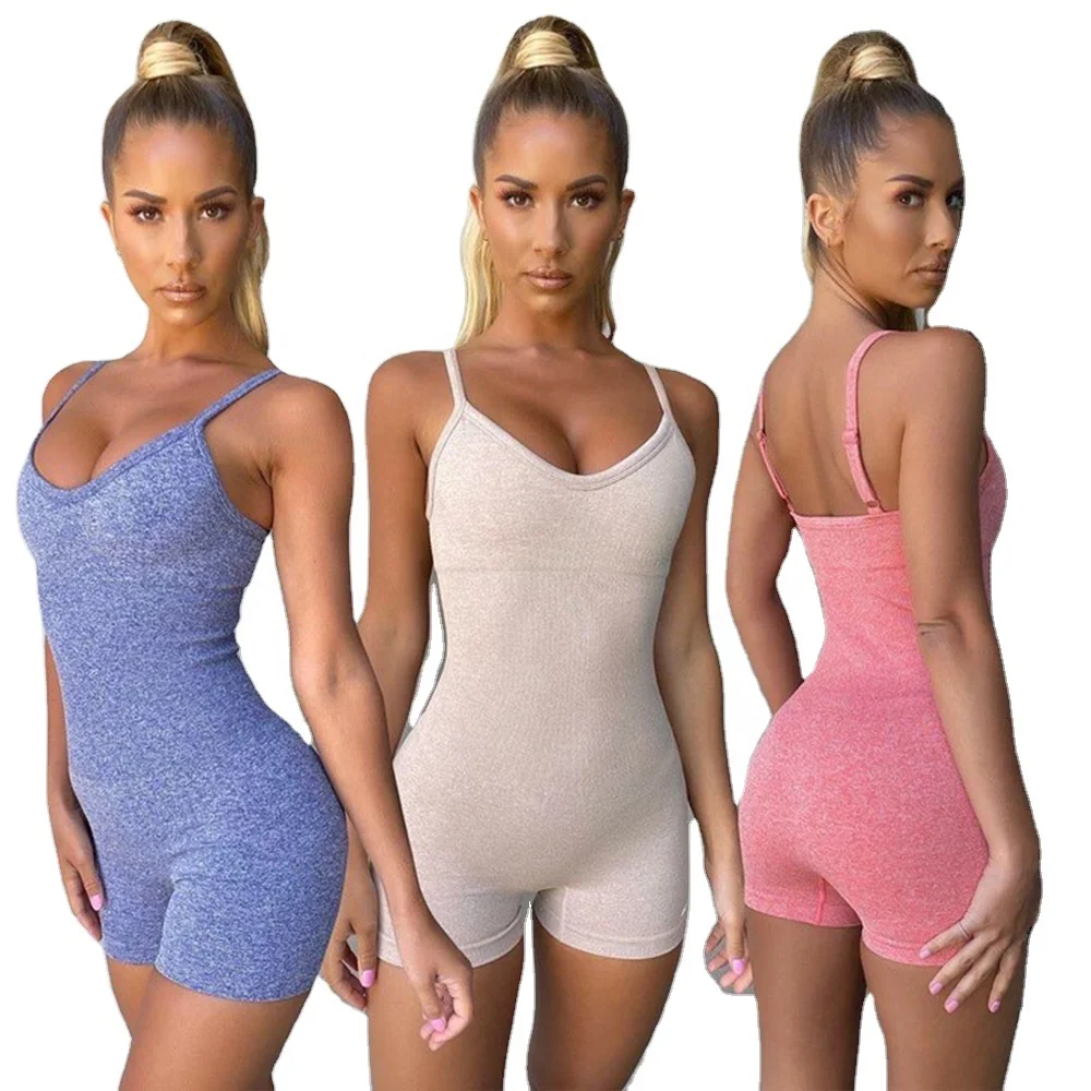 

2021 Hot Sell Best Design Women'S Summer Knitted Sport Suit For Women Fitness Shorts Jumpsuit Sling One-Piece Yoga Suit