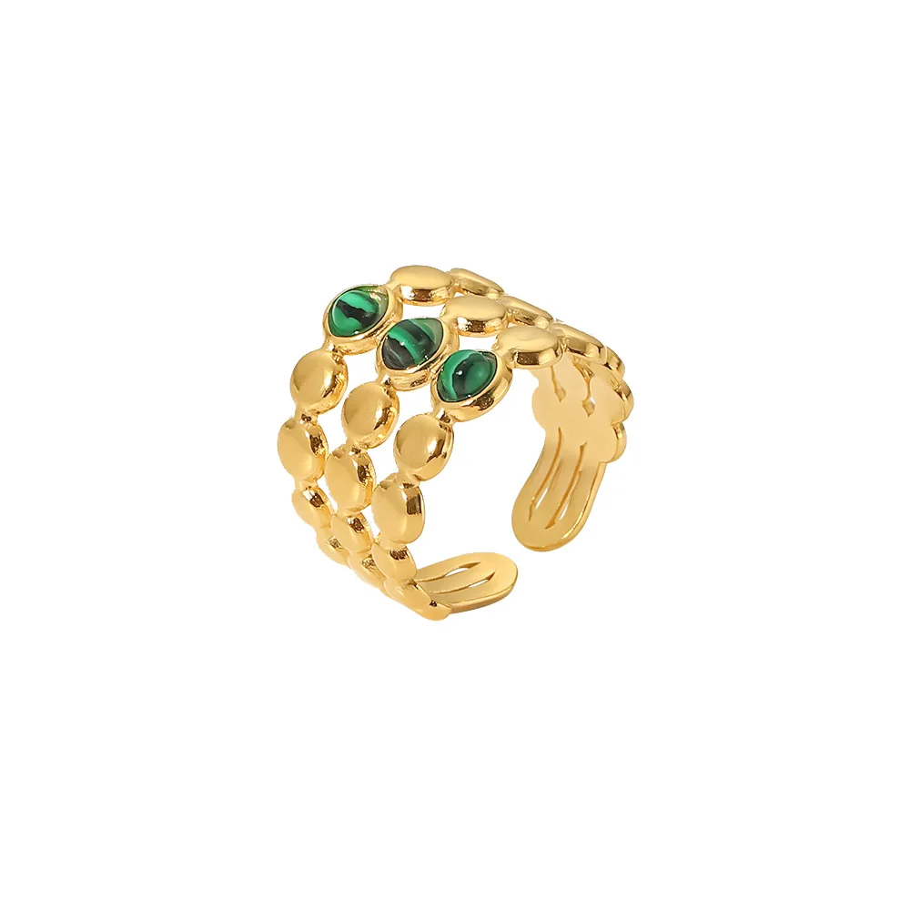 

New Trendy Stainless Steel 18K Gold Plated Jewelry Gift Three Layer Green Malachite Opening Rings for Women