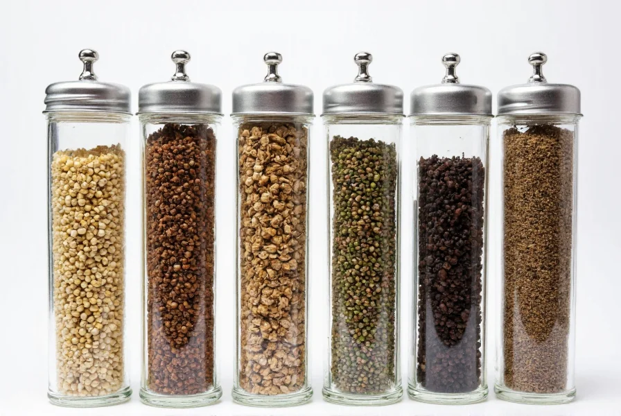 Comparison of different pepper varieties in glass jars with grinding tools