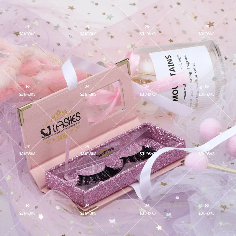 

3D Vegan Non-Animal Tested Silk Fiber LAE eyelashes With Magnetic Closure Box Ribbon Branding Packaging Pink Glitter Shiny HAE