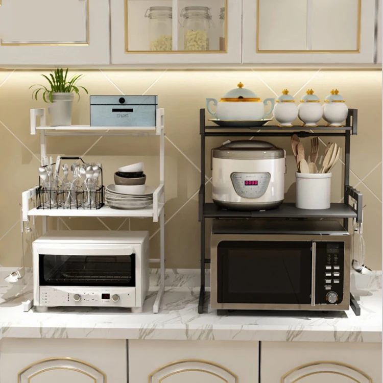 
High Quality Carbon Steel Kitchen Storage Holder Metal Flexible Standing Type Microwave Oven Shelf Rack 