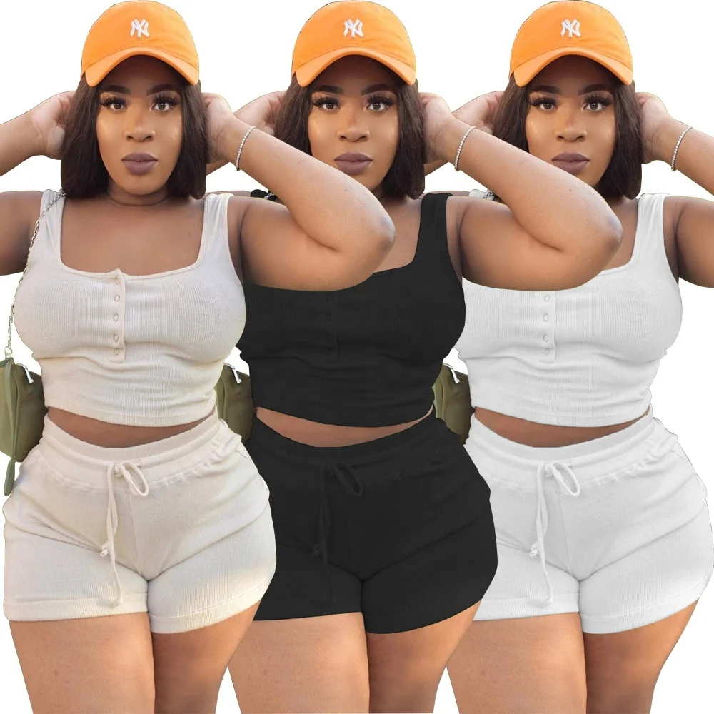 

MT109-2072 fashion button rib biker short set 2 piece summer tank crop shorts sets for women two piece plus size women clothing