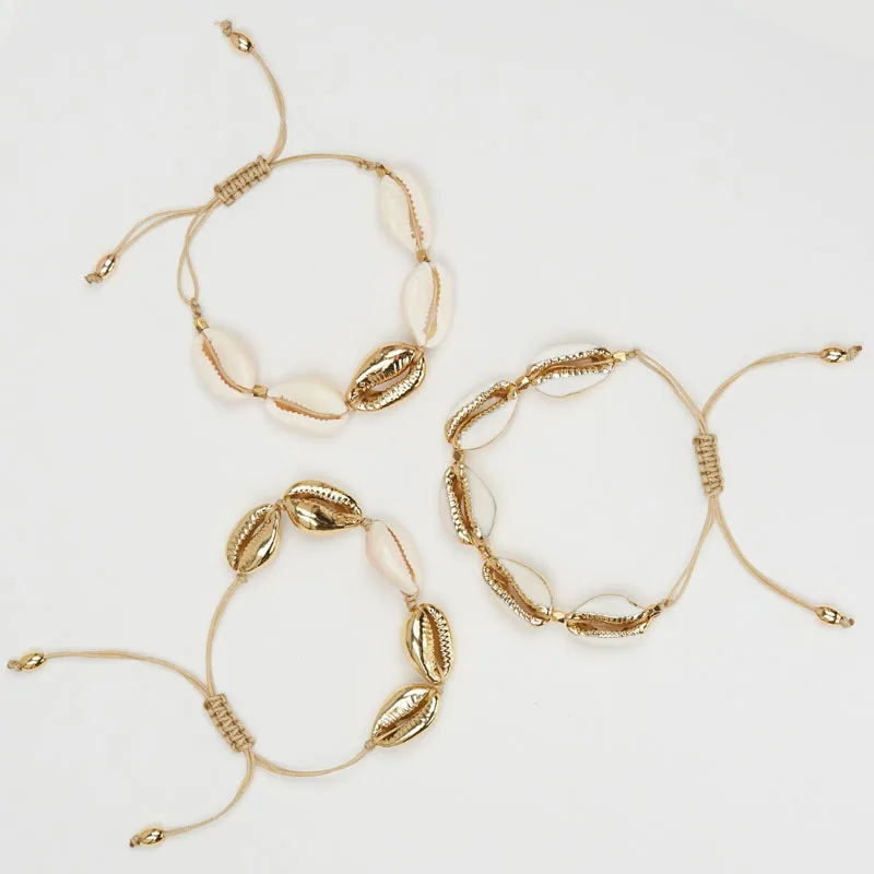 

Boho Beach Jewelry Adjustable Rope Natural Sea Shell Bracelet Gold Cowrie Shell Bracelet, 18k gold