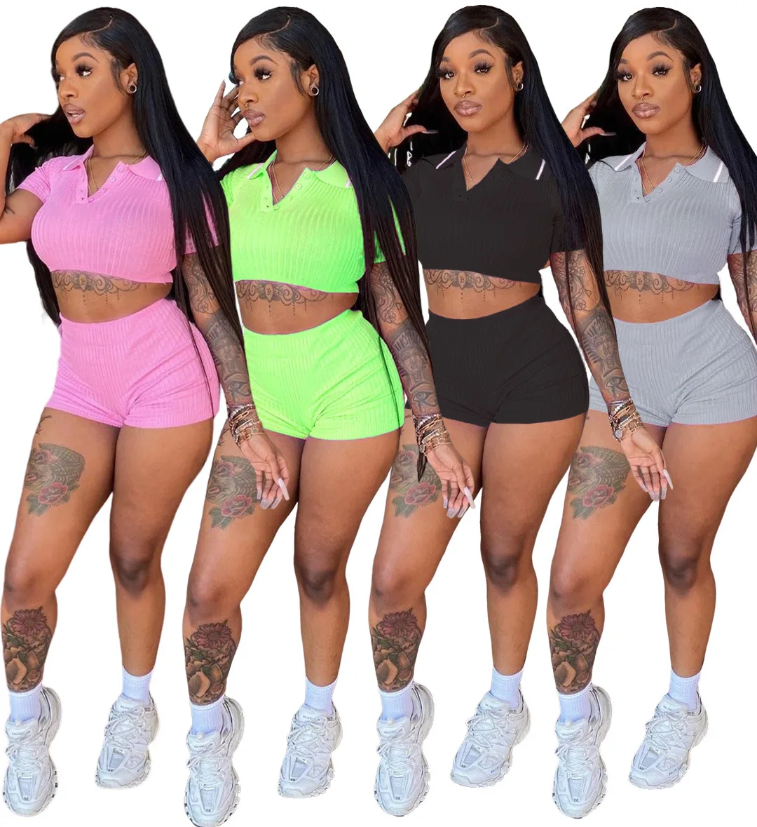 

2021 Plus Size New Design Sexy Tight 4 Color Crop Top V-neck Halter Shirt and Shorts Set for Women Two Piece Gym Shorts Set