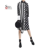 

2019 Korean Style Women Summer Black Shirt Dress Polka Dots Printed & Stripes Long Sleeve Female Casual Midi Runway Dress
