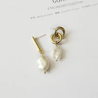 

Gold Bar Natural Freshwater Pearl Drop Earrings Double Circle Earrings Pearl Charm Geometric Asymmetric Earrings for Women