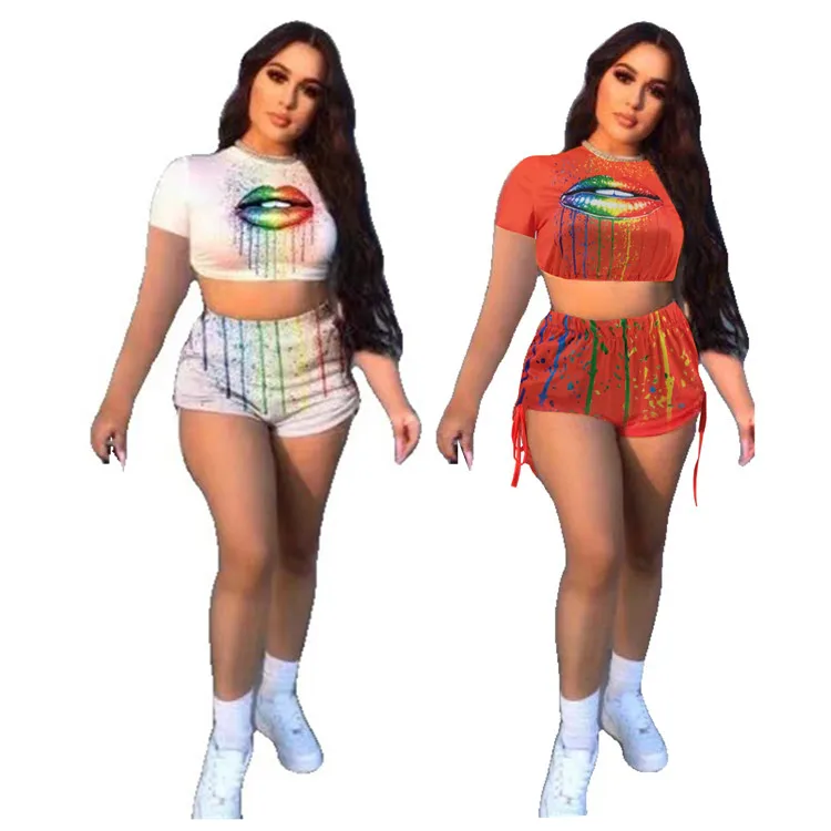 

YH-6009 Fashion European And American Burnt Flowers Sexy Lips Sexy Two-Piece Suit