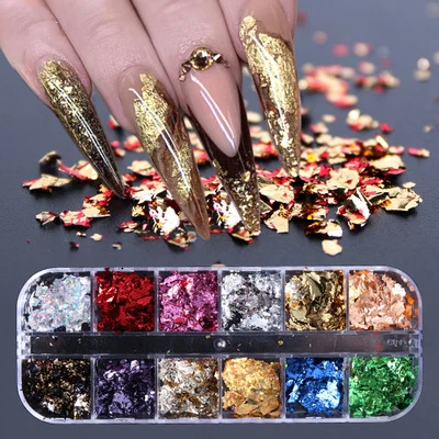 

12 Grid Nail Sequins Paillette Aluminum Irregular Flakes Gold Pigment Nail Art Decoration Mirror Glitter Foils Paper