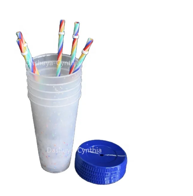 

New Arrival Wholesale 5 pcs a pack Plastic Reusable Magic Confetti Color Changing Tumbler Cups With Rainbow Straw, As pictures