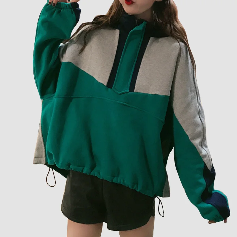 

High Quality Fashion Streetwear Winter Women Hoodie Color block Furry Pullover