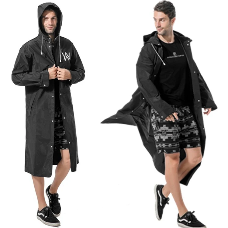 

2021 Letter Print Design EVA Long Fashion Black Rain Jacket Waterproof Raincoat Custom Windbreaker Jacket Mens