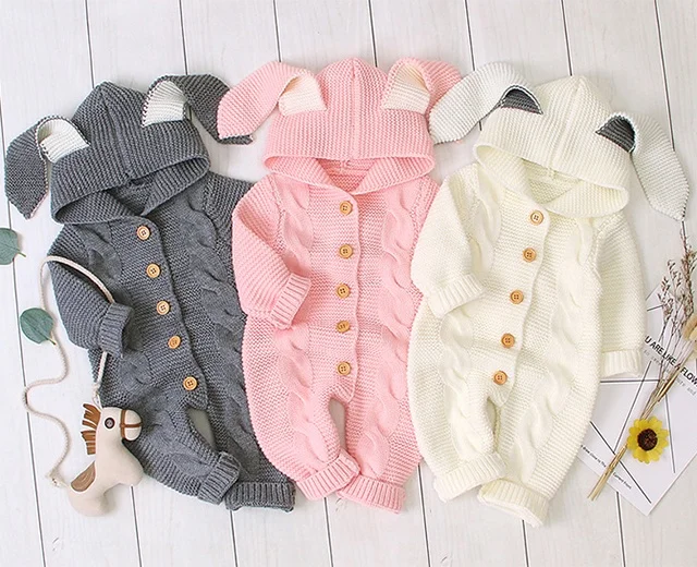 

Hot sale baby rompers children's stereoscopic rabbit ears hooded baby+rompers knit baby clothes newborn, Pink/white/grey