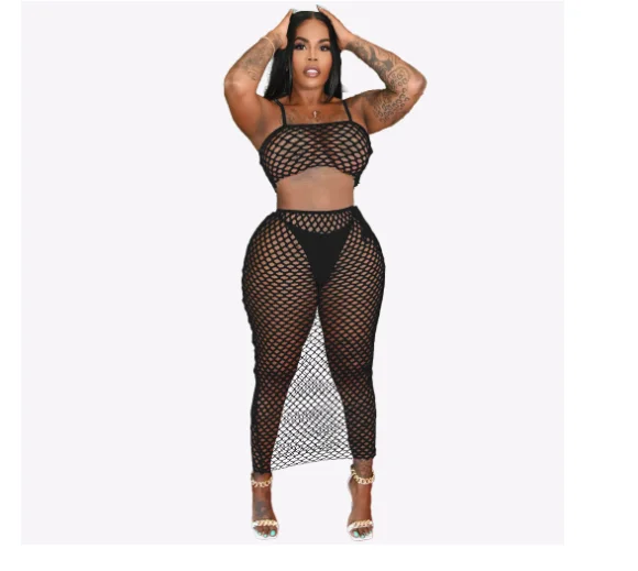 

A5251 two-piece set, 2021 cute spaghetti strap crop top with legging pants mesh net club 2 piece summer clothes set