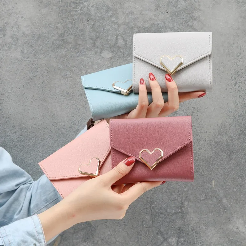 

Hot Selling PU Purse Short Heart Shape Female Fashion Three-Fold Wallet Simple Mini Wallet, Black/gray/red/pink/green/rose/purple