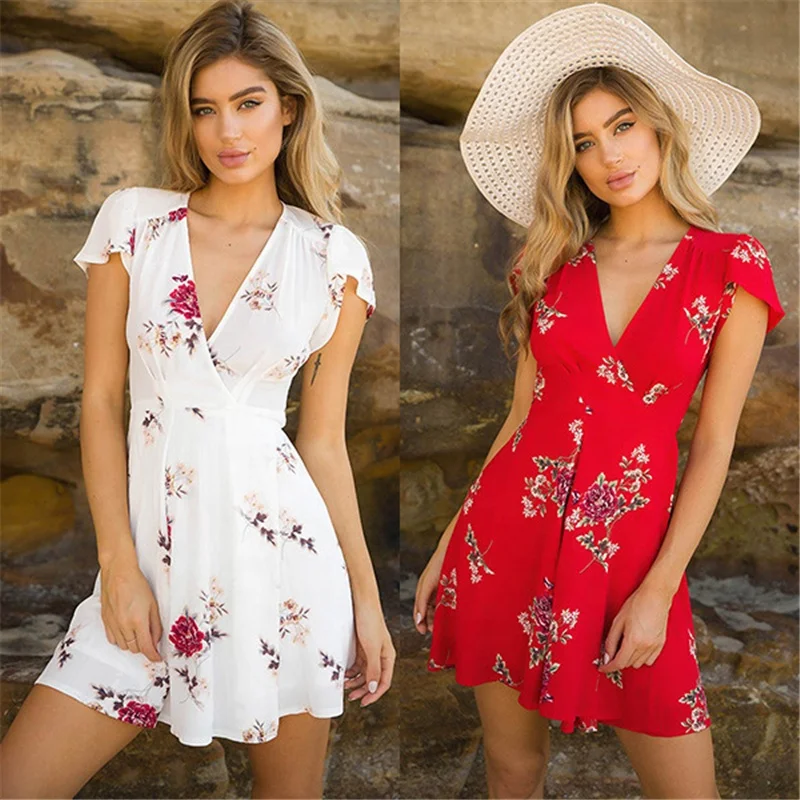 

Women Short Sleeve Mini Dress Casual Party V neck High Waist Chiffon Dresses, White/red