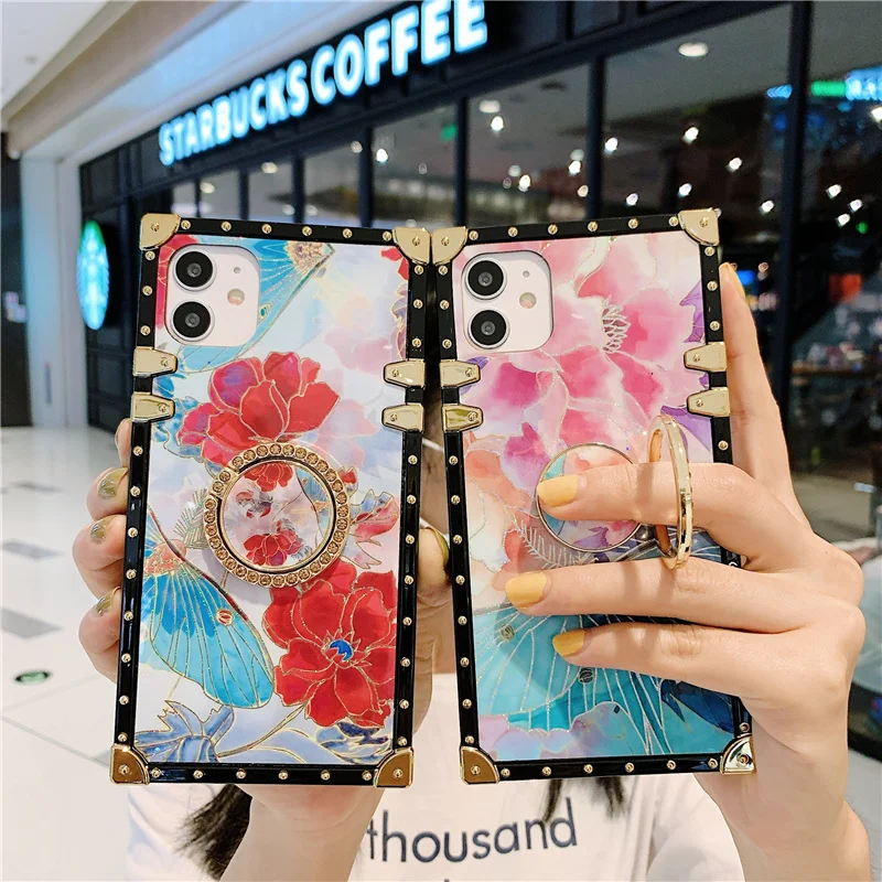 

Bling Floral Square Phone Cover Pink Flower Case for Samsung Note 20 Ultra 10 8 9 S8 S9 S10 S20 Plus S21 ULTRA A50 A70 A51 A71