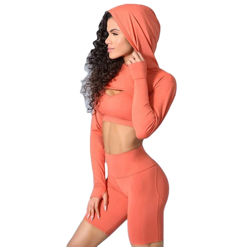 

Summer new style long sleeve hooded yoga high waist short fitness solid color sports bra shorts suit