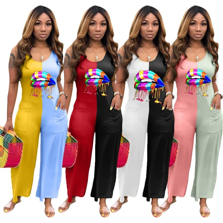 

2021 Casual Strap Straight Wide Leg Loose Patchwork Color Print Summer Women One Piece Jumpsuits, Customized color