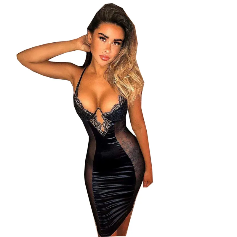 

Sexy Dress See-through Mesh Stitching Lace Sling Bag Hip Skirt Dress