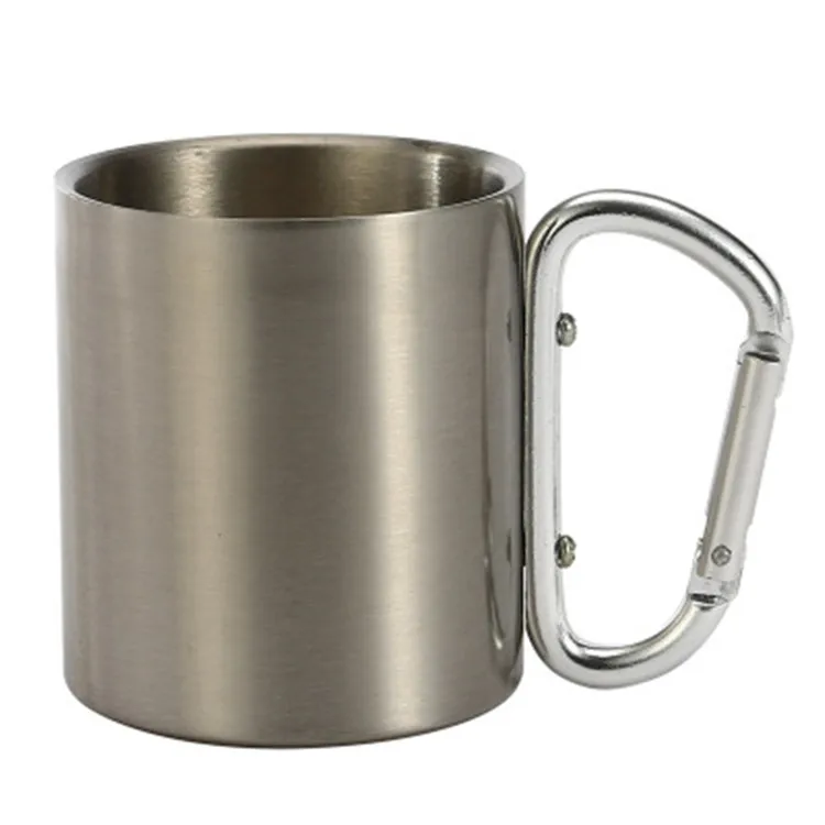 

Amazon creative 220ml outdoor stainless steel carabiner water cup sports travel coffee cup mug with handle