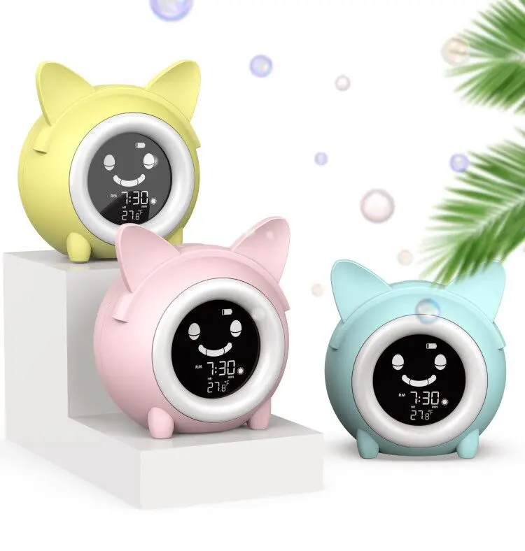 

New Arriva Deign Cat Shape Baby Sleep Trainer Intelligent Sensor Kids Analog Alarm Clock, Customized color