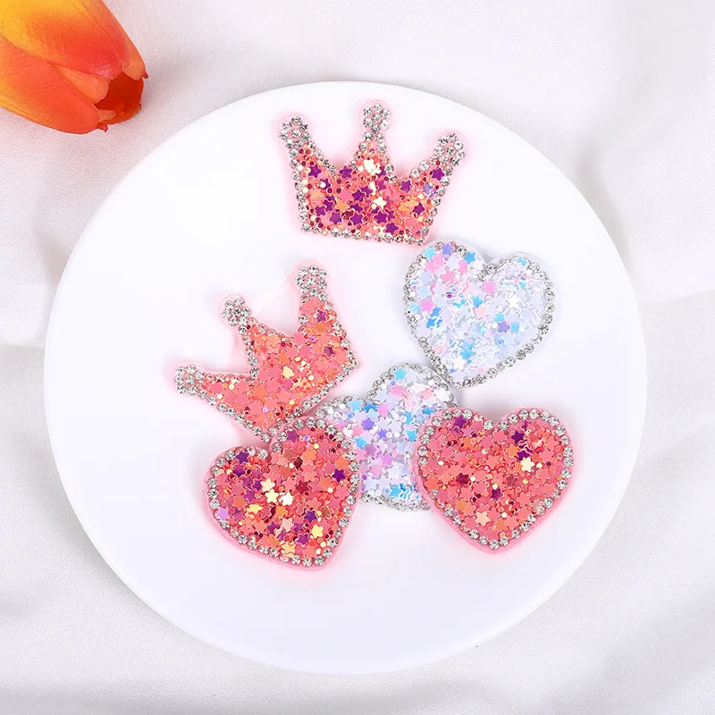 

Glitter powder Sequin cloth sticking non-woven fabric hot drilling crown love heart patch, Multi colors