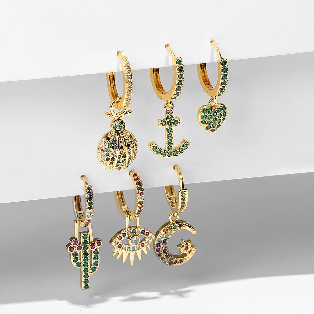 

multicolor Brass micro pave green zircon cubic zirconia drop Hoop moon Earrings studs copper gold plated crystal earrings, Gold color