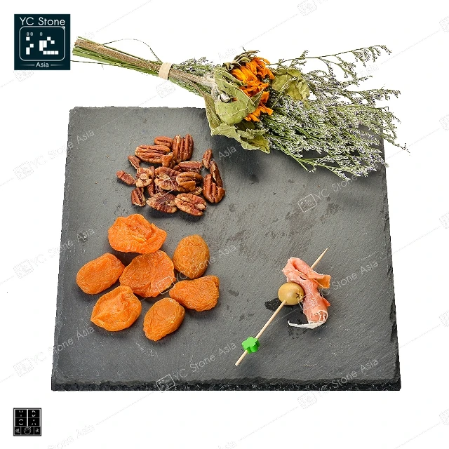 

ZIRAN Amazon Hot Sale Food Court Tray Marble Stone Black Slate Food Serving Plates Large Cheese Board Serving Tray Sushi Plate