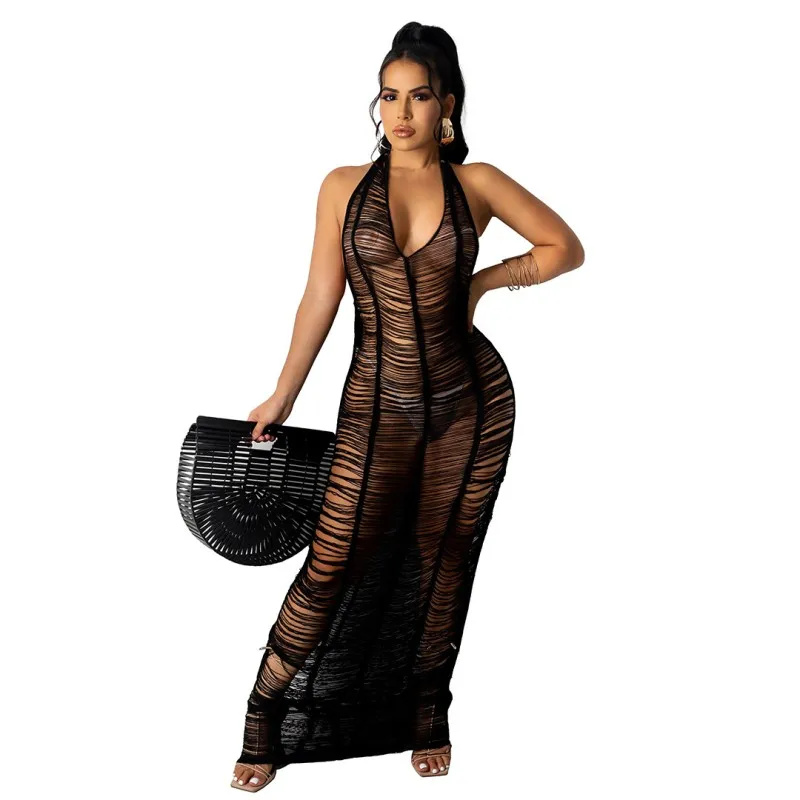 

Women Long Knitted Halter Backless See Through Sexy Dresses Hollow Out Bodycon Crochet Beach Dress Cover Up B1457