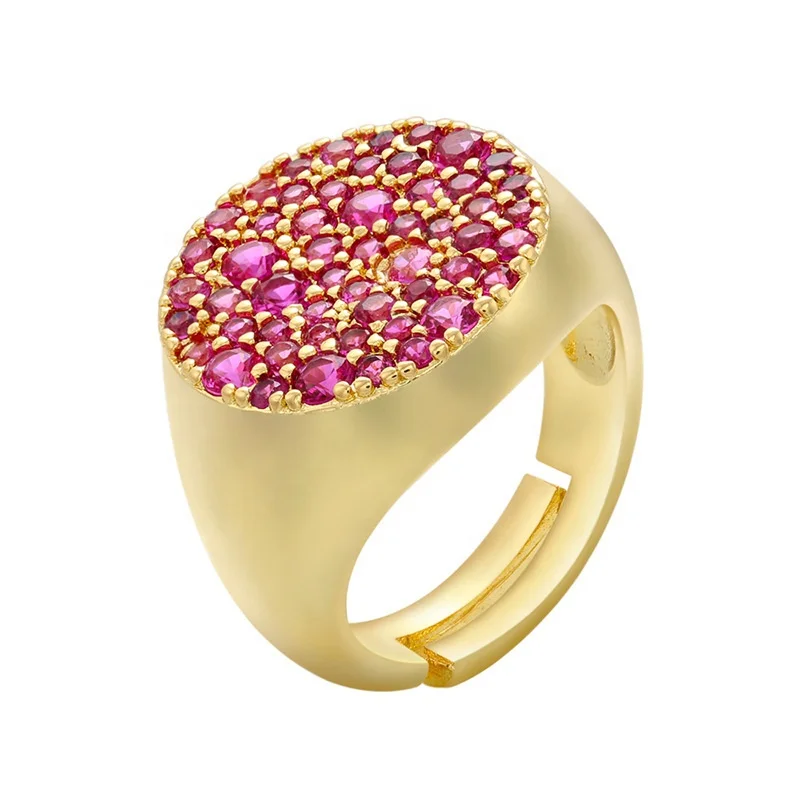 

Luxury Gold Plated Colorful Red Zircon Big Disc Diamond Adjustable Bling CZ Open Rings Jewelry Wholesale