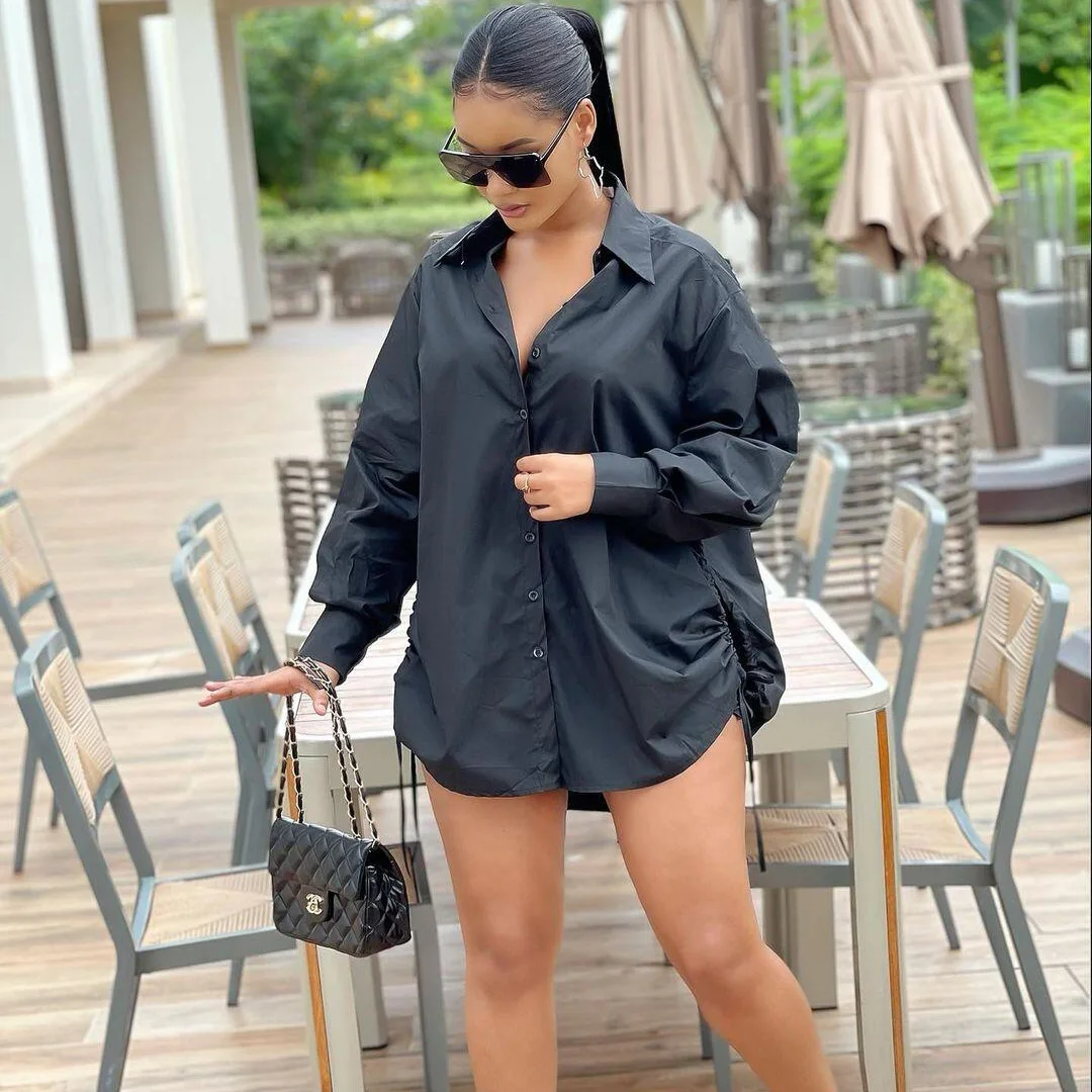 

Women Black Long Sleeve Mini Dress Basic Streetwear Button Up Drawstring Ruched Side Blouse Style Dresses