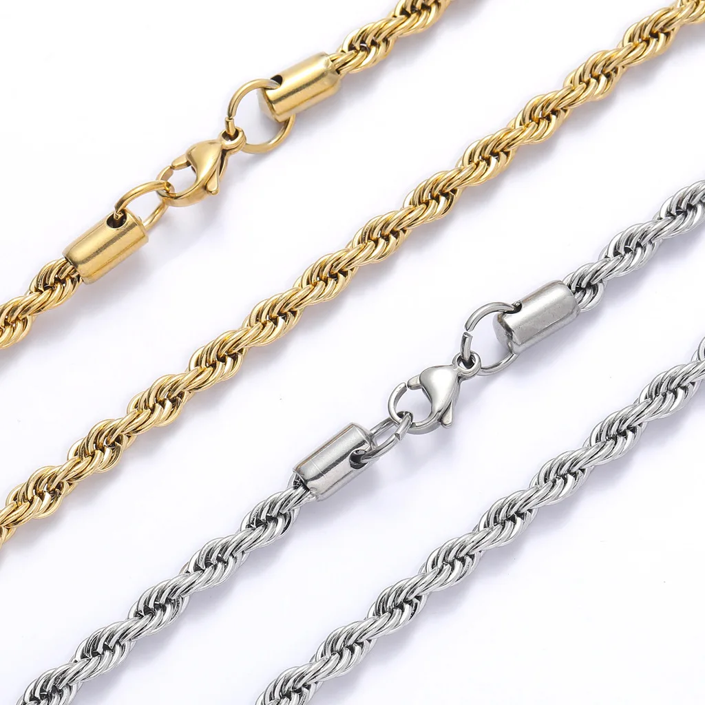 

18k Gold Plated Singapore Rope Chain 2mm 3mm 4mm 5mm Stainless Steel Silver Twist link Chain Necklace For Men Women Jewellery, Gold,silver,black,pink