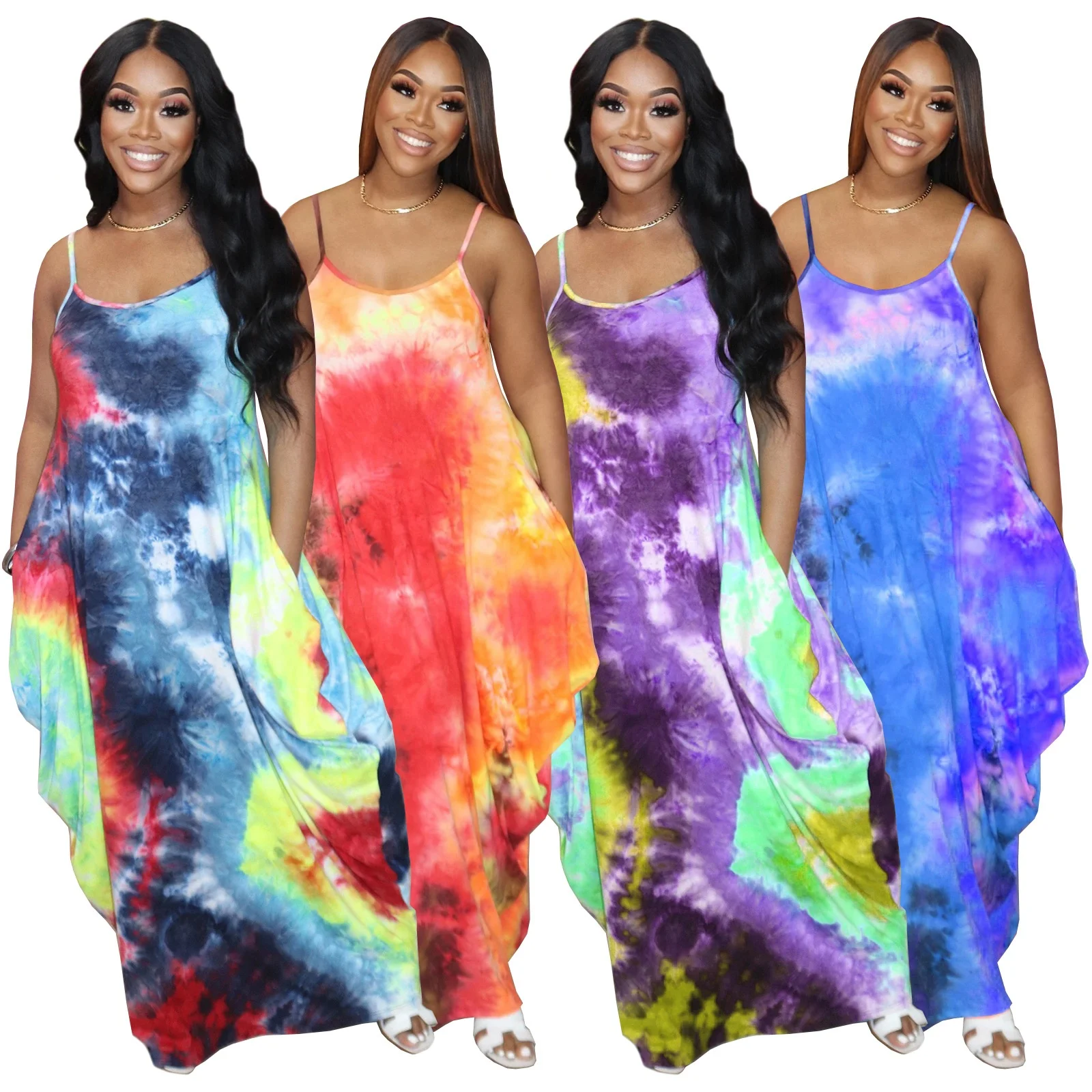 

MT61-4273 2021 Fashion sexy suspender round neck random tie dye printing loose women long dress with pocket women clothing