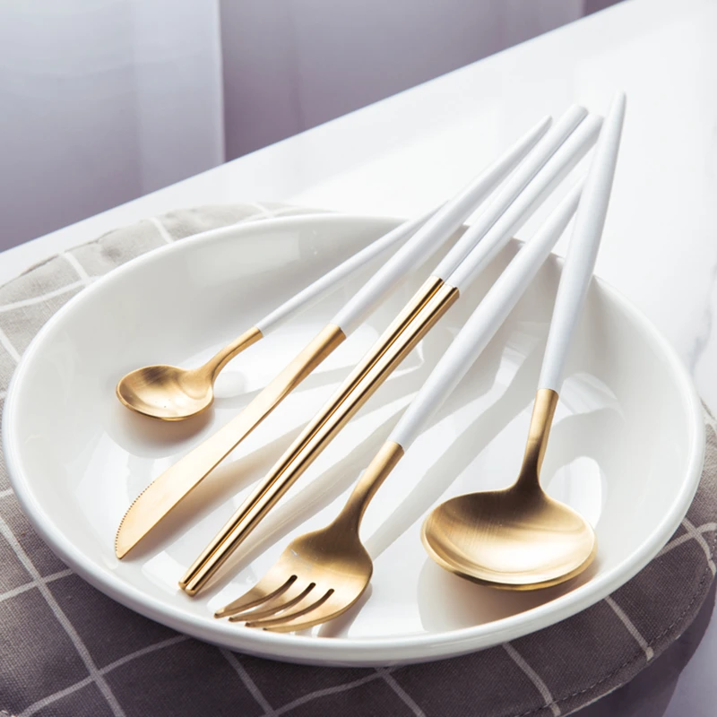 

Popular 24pcs 18-8 Solid Stainless Steel Serving Silverware Gold Plated Flatware Cutlery Set, White gold cutlery set