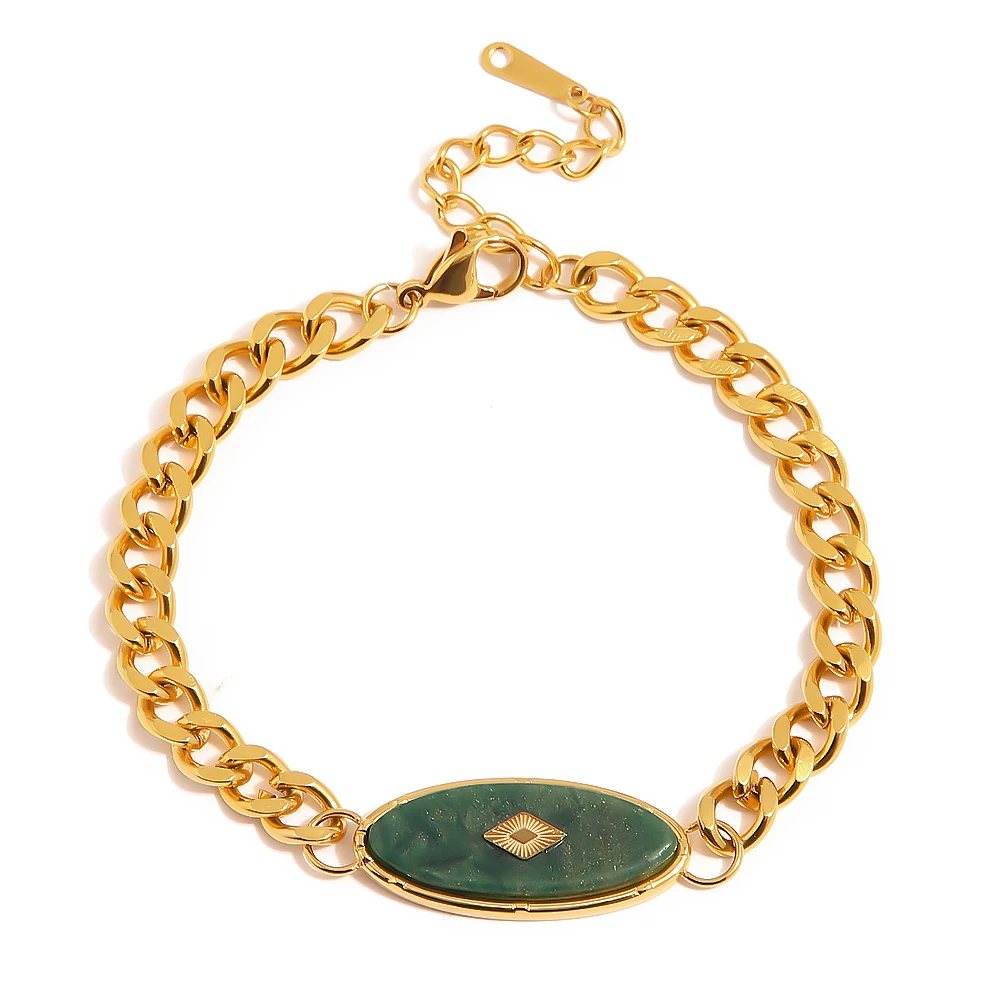 

Retro 18k Gold Plated Stainless Steel Bracelets Jewelry Waterproof Cuban Chain Natural Jade Bracelet for Girls