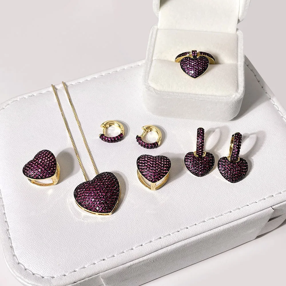 

joias semi da china micro pave zirconia 18k gold plated jewelry heart pendant necklace sets