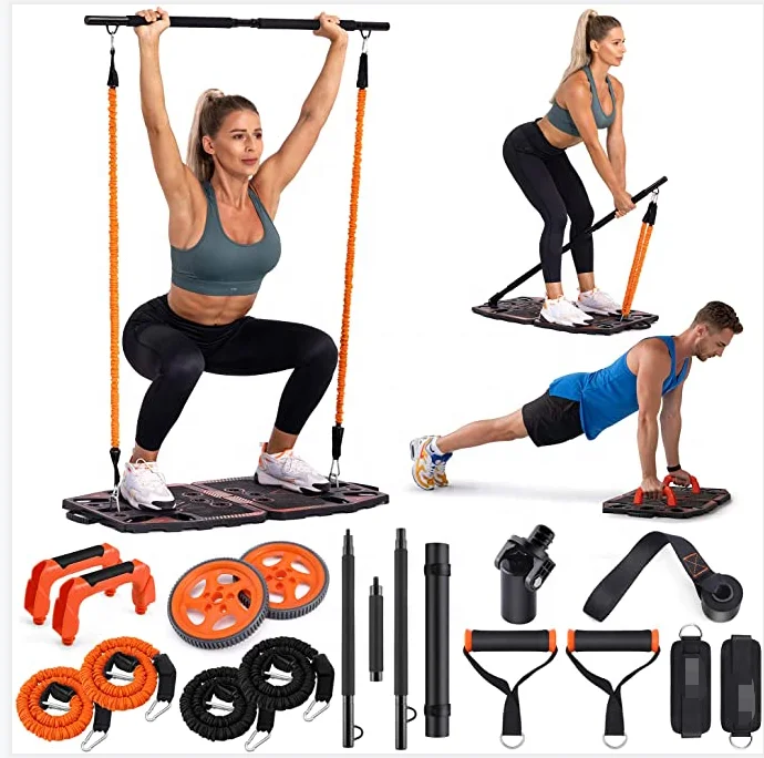 

Portable Home Gym Workout Equipment for Body Workouts System Roller Wheel Elastic Resistance Bands Push-up Stand, Customized color
