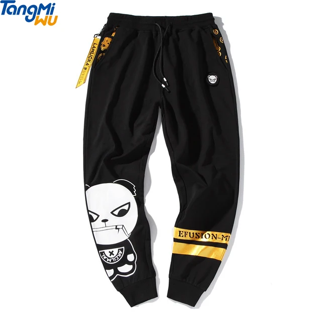 

New fashion cartoon loose men 100% cotton black sweatpants casual stripe stretch jogger pants