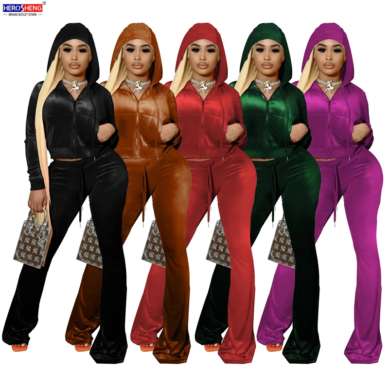 

Vintage Velvet Fabric Set Women Wide Leg Pants 2 Piece Fall Set Casual Sweatsuit Hooded Women Two Piece Set Velour Tracksuits