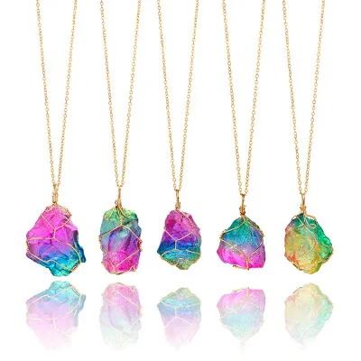 

E614 Irregular Gold Chain Quartz Necklace Fashion Chakra Rhinestone Rock Necklace Pendant Colorful Natural Stone Necklace, Picture